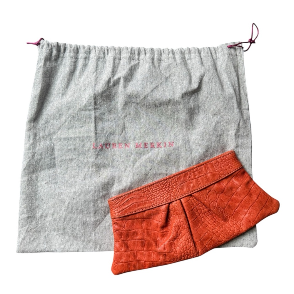 Lauren Merkin Orange Leather Clutch with Original Dust Bag, Made in NYC